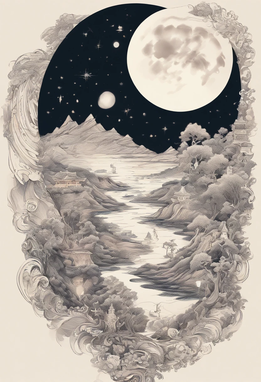 A poet who drinks to the month，Tang Feng，Ultra-long-range viewing angle，The moon shines，A poet on the edge of a cliff，Ultra-long-range viewing angle