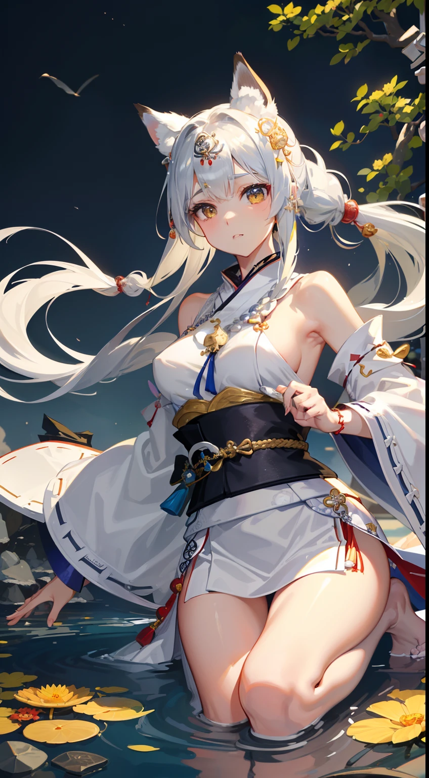 ((8K))、((32K))、((masterpiece))、((top-quality))、((超A high resolution))、((Stylistic image of a Japan priestess dressed as a silver nine-tailed fox))、((Japan details))、((Highly detailed priestess costume))、(Japan garden in full bloom with chrysanthemum flowers)、Chongyang Clause、((highly intricate detail))、detailed skin textures、Detailed Cloth Texture、beautifull detailed face、detailed skin textures、intricate-detail、ultra-detailliert、Details of complex ornaments、CGSetsoty Trends、Meticulous Delicate Skin、独奏、((Silver fox ears:1.3))、(silber hair)、(Long ponytail)、beutiful breast、fullmoon、deep in the night、Moonlit、((Japan Priestess Wind:1.5))、(Detailed traditional costumes)、autumnal、front-facing view、defined legs、Defined Arm、Finger Defined