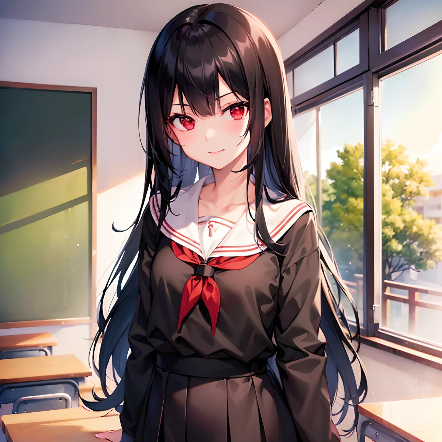 1 girl, slim, beautiful, small, ((long black hair))((Black hair)), ((red eyes)), ((Girl wears Japanese school uniform)), ((classroom)), looking at viewer, smiling warmly, 8k, masterpiece, ray tracing
