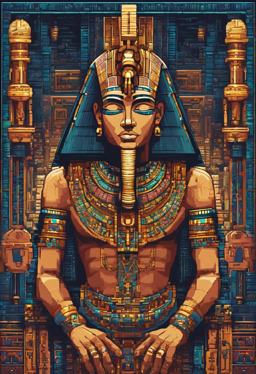 Egyptian pharaoh，The body of the robot and the face of the person., glowing light eyes, Biomechanical，The combination of meat and machinery，Parts weird, Creepy, nightmarish, Very bright colors, Light particles, with light glowing, Mshiv, wallpaper art, UHD wallpaper