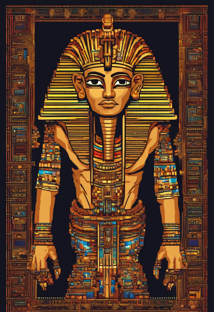 Egyptian pharaoh,The body of the robot and the face of the person., glowing light eyes, Biomechanical,The combination of meat and machinery,Parts weird, Creepy, nightmarish, Very bright colors, Light particles, with light glowing, Mshiv, wallpaper art, UHD wallpaper