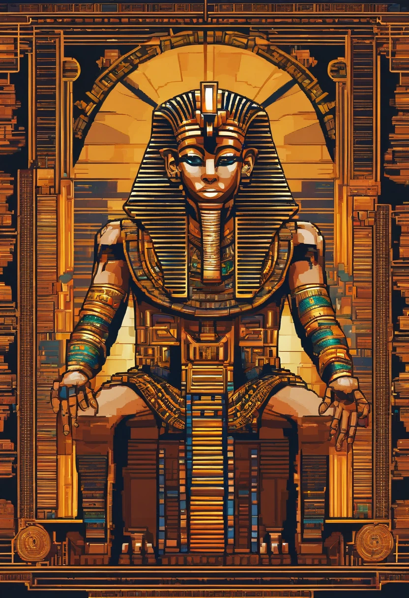 (an angry screaming pharaoh sitting on his throne, detailed Egyptian headdress, detailed throne, gold accents, ancient Egyptian style, majestic lighting, vibrant colors, hieroglyphic inscriptions, regal expression, carved stone statues, lush palace surroundings)