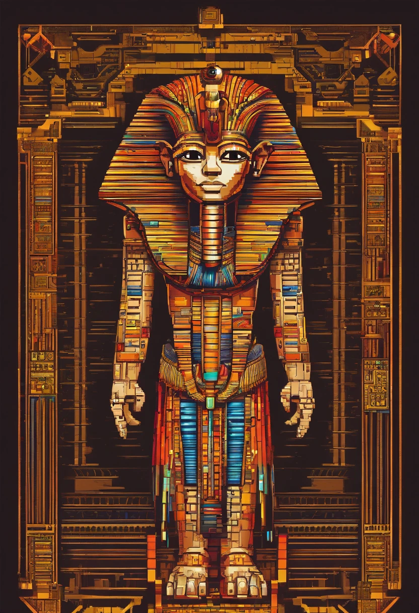 Egyptian pharaoh,The body of the robot and the face of the person., glowing light eyes, Biomechanical,The combination of meat and machinery,Parts weird, Creepy, nightmarish, Very bright colors, Light particles, with light glowing, Mshiv, wallpaper art, UHD wallpaper
