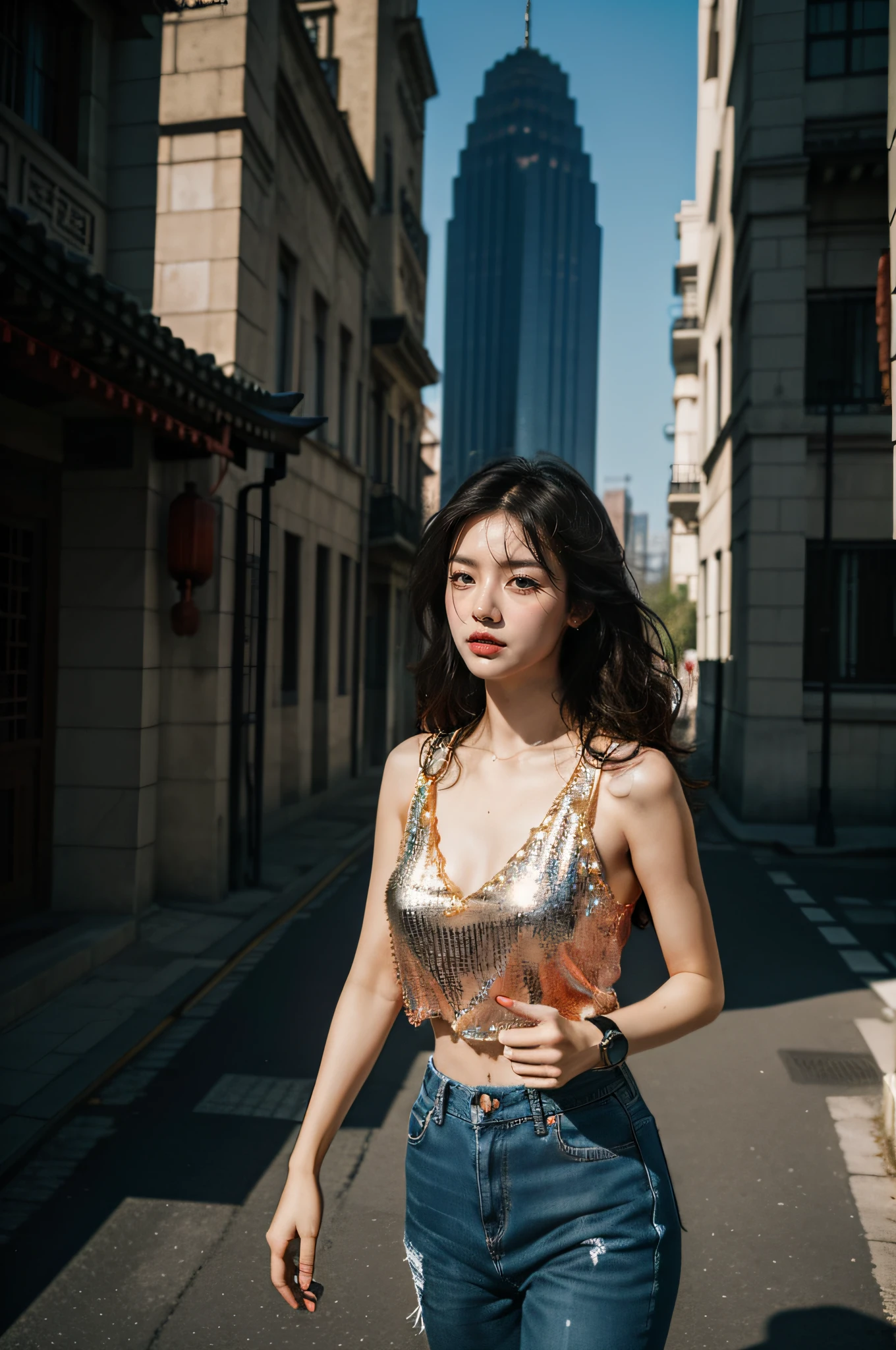 Sexy beautiful oriental woman(HD real real delicate faces)，Black microwave curly long hair wearing traditional Chinese hairpins，Playing with your hair，Gold-tone sequin deep V slip top，Wear ragged long jeans and high-end sporty sneakers，Wear a red smartwatch，Whole body diagram，Extreme self-confidence，Enchanting，haughty，Don't look at the lens，Outdoor left and right Chinese style architectural figures stand in the middle，There is a Chinese-style tower behind the middle of the figure，art-style，Picture color grading HDR，High shadows, highlights, high contrast color grading，The picture is bluish。