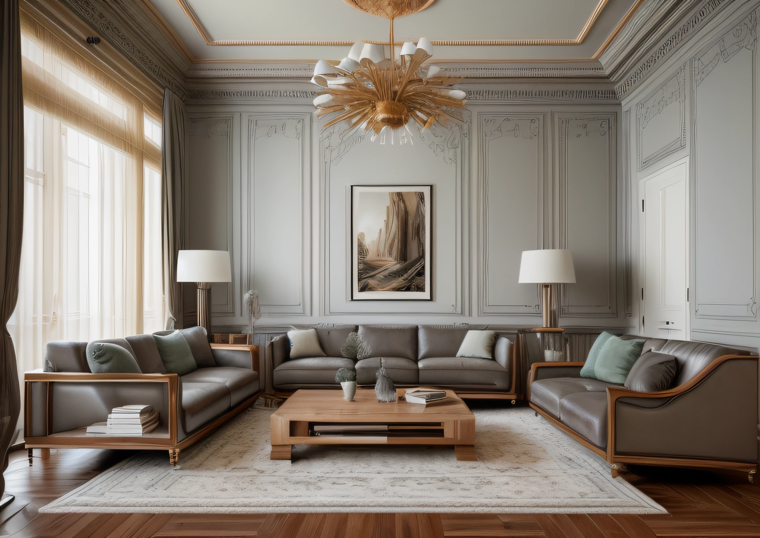 RAW photo, interior classic style, (high detailed skin:1.2), 8k uhd, dslr, soft lighting, high quality,Please generate a detailed and unique image of the living room in a classic-style Duplex apartment. The room should exude classic elegance with ornate moldings and pale gray walls providing a subtle backdrop. The furniture should feature warm and bright natural wood tones, accentuating the wood's rich grain patterns. The floor should consist of opulent tiles or luxurious marble cladding with cloud-like patterns. Incorporate both modern LED lighting and a contemporary chandelier to create a well-lit space. The sofa, preferably made from natural leather or suede, should complement the natural wood grain and enhance the overall ambiance. Thoughtful consideration should be given to the selection of wall paint and curtain colors to accentuate the interior while maintaining harmony. Emphasize the presence of natural light, which enhances the beauty of the wood and contrasts with the interior colors. Additionally, introduce a unique twist with symmetrical black natural stone cladding to add a touch of contrast and sophistication. Include decorative elements in pastel blue, moss green, deep plum, and other standout colors to create a focal point. Please ensure that the room radiates an atmosphere of classic luxury, comfort, and creativity, where the interplay of natural light and contrasting interior elements creates a stunning representation of the classic Duplex apartment living room