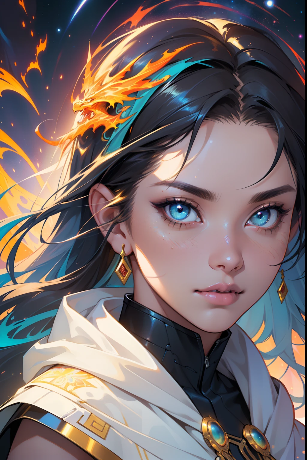 (masterpiece, top quality, best quality, official art, beautiful and aesthetic:1.2), (1girl), extreme detailed eyes, (fractal art:1.3), colorful, highest detailed, (perfect face), shiny skin, HDR, (white cloak golden lines:1.2), galaxy, (light streaks), striking visuals, (dynamic streaks, luminous trails:1.2), vibrant colors, (phoenix), (dragon)