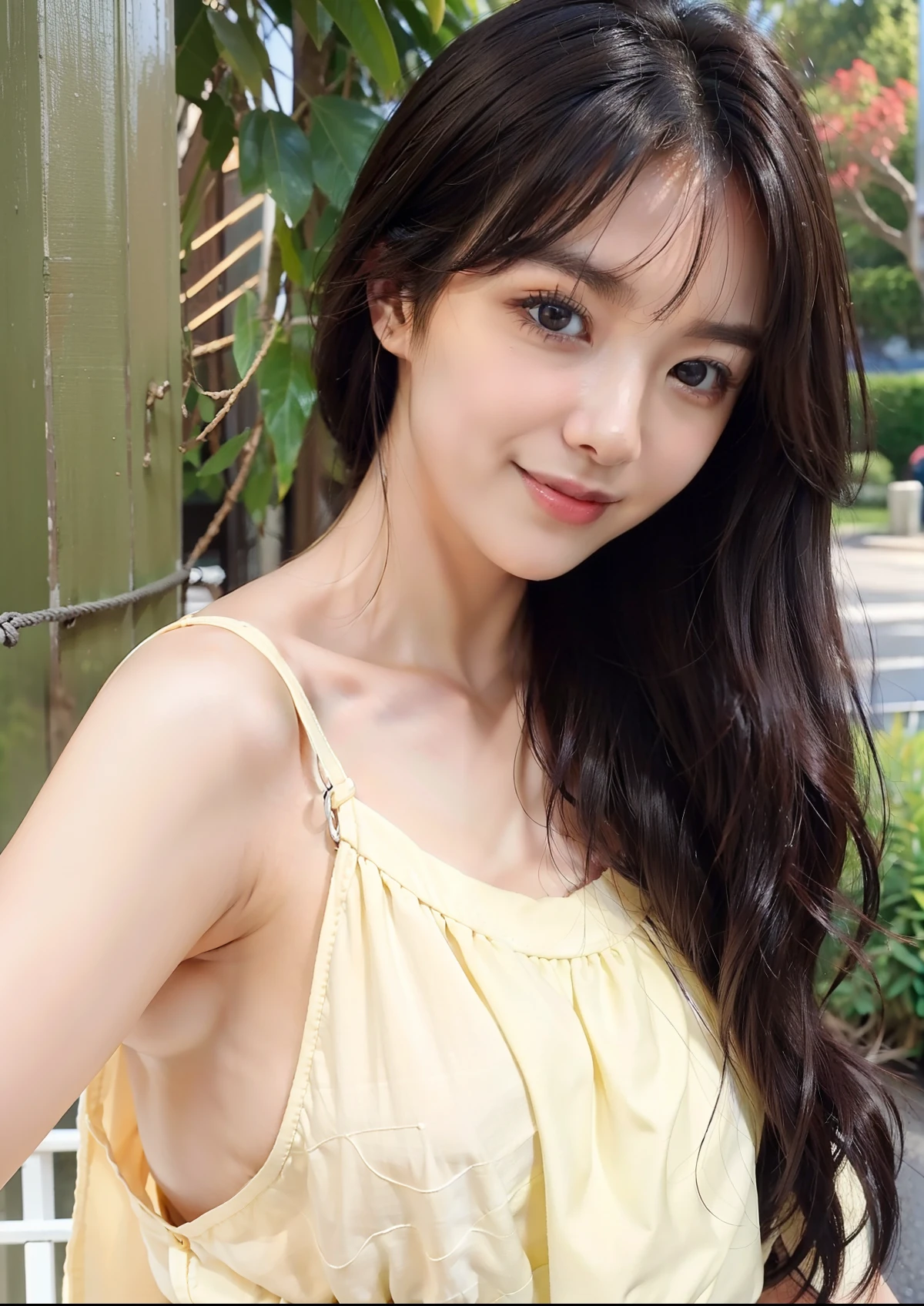 (top-quality、8k、masterpiece:1.3)、Beautiful Women in Perfect Figure:1.4、dark brown hair、extremely detailed face and skin、A detailed eye、二重まぶた、huge tit、a smile、g-cup
