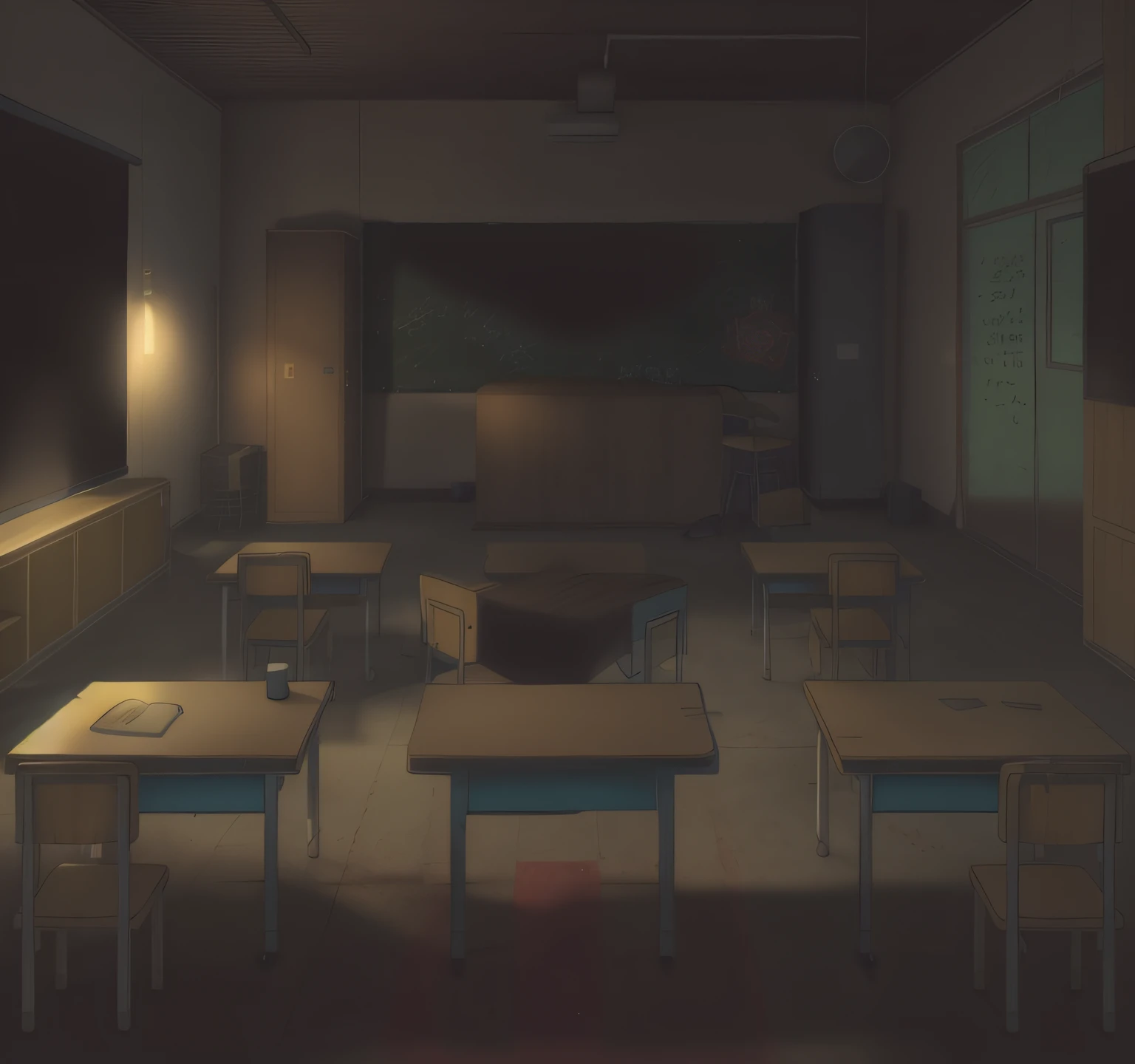 There is a drawing of a classroom with a blackboard and a desk, Classroom Background, highschool background, interior background art, arte de fundo, creepy backgrounds, School Classroom, background artwork, random background scene, Horror environment, 2D movies, Anime background art, Classroom, cartoon moody scene, horrific background, typical anime classroom, eerie art style, detailed school background,nigth