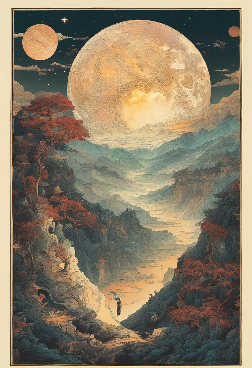 （Tang Feng），（A cliff illuminated by a huge moon），A poet standing on the edge of a cliff，Toast to monthly drinking，Ultra-long-range viewing angle