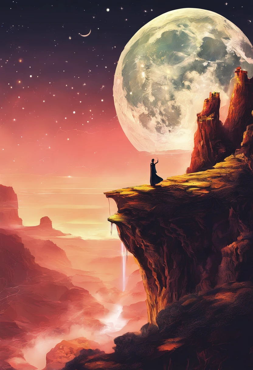 (Tang Feng),(A cliff illuminated by a huge moon),A poet standing on the edge of a cliff,Toast to monthly drinking,Ultra-long-range viewing angle