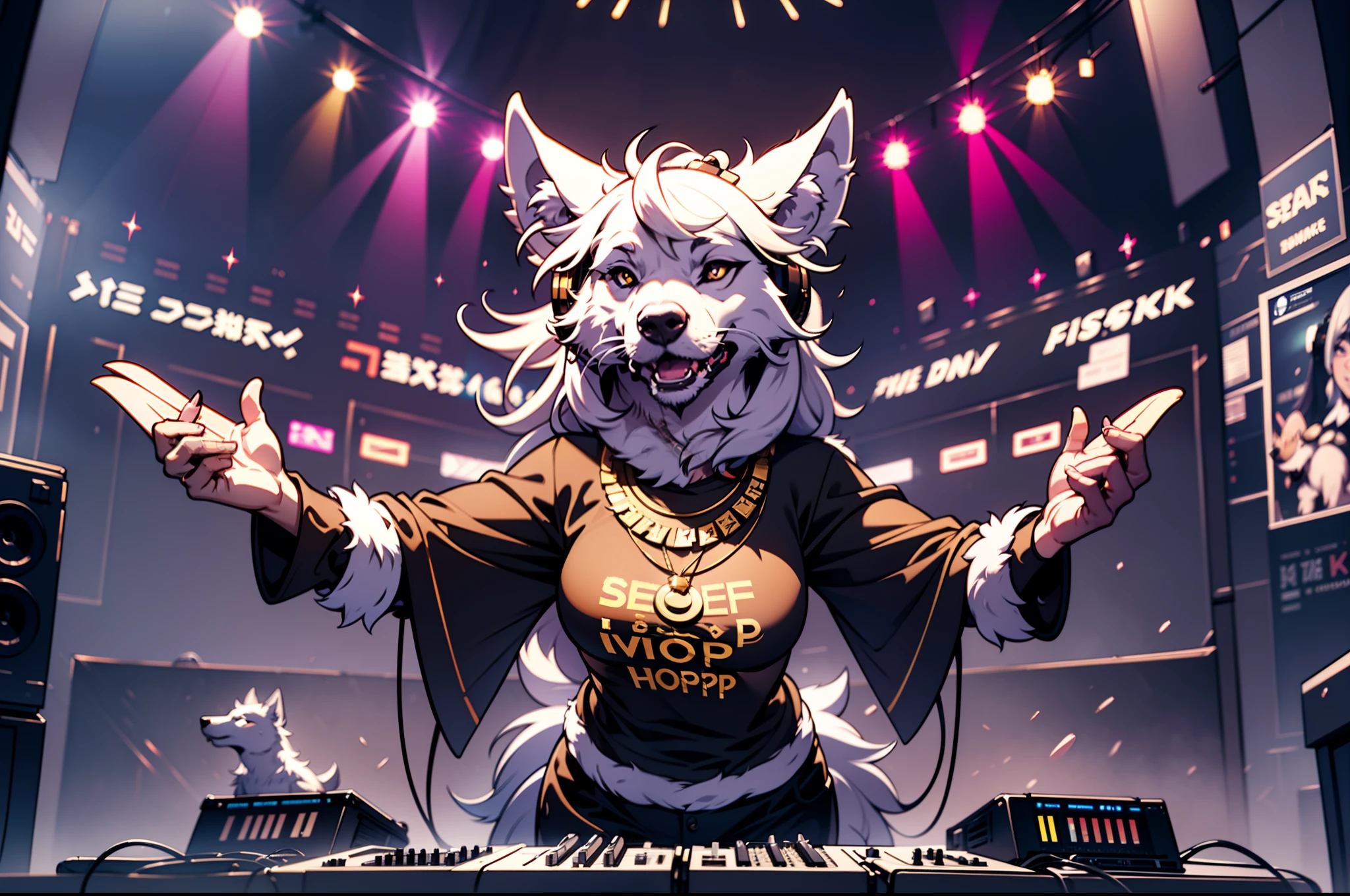 (Ultra-high detail, 16K resolution, movie footage, octane rendering), An anthropomorphic white husky, Wear a T-shirt，necklace gold，hands up to set the mood, hands out of the frame, wearing silver DJ headphones, shiny silver sequined T-shirt, (iconic hip-hop pop outfit :1.3), smiling as he dons the stage. Standing in front of the DJ equipment for a full body shot, the spotlight shines on the female DJ. Disco lighting realistic style photography