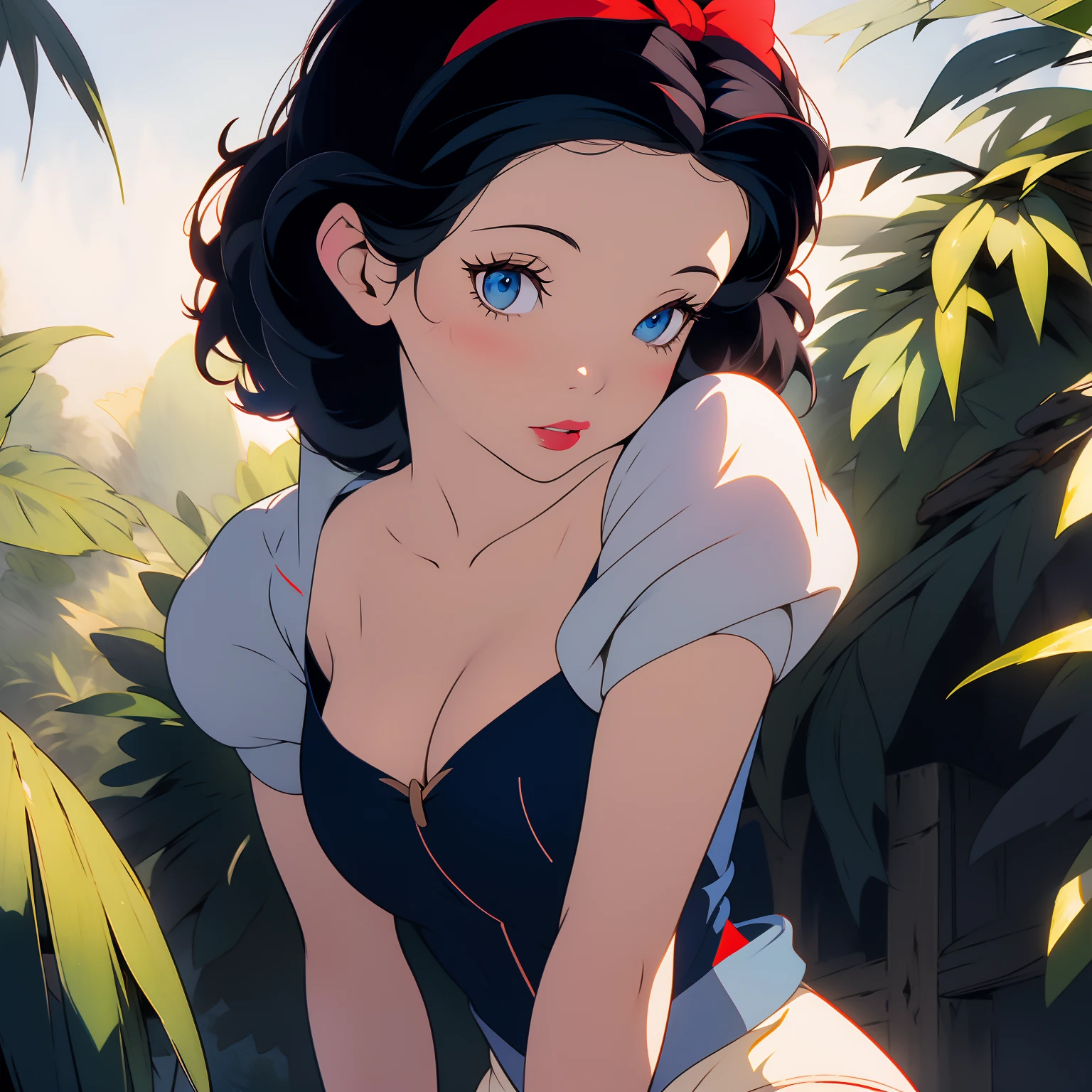 (masterpiece, best quality), beautiful girl, 
snow white, lying, (detailed beautiful eyes) medium body shot, short black hair, red ribbon, big breasts, cleveage, white panties, ultra detailed blue eyes,