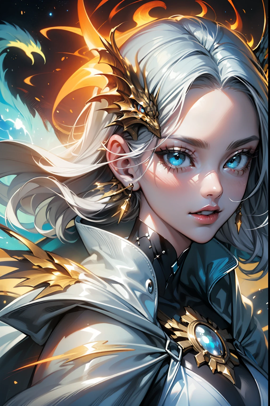 (masterpiece, top quality, best quality, official art, beautiful and aesthetic:1.2), (1girl), extreme detailed eyes, (fractal art:1.3), colorful, highest detailed, (perfect face), shiny skin, HDR, (white cloak golden lines:1.2), galaxy, (light streaks), striking visuals, (dynamic streaks, luminous trails:1.2), vibrant colors, (phoenix), (dragon)