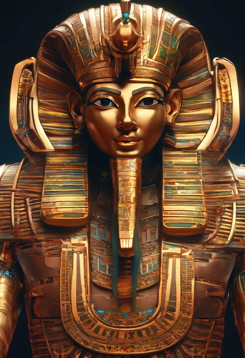 Egyptian pharaoh,The body of the robot and the face of the person., glowing light eyes, Biomechanical,Combination of meat and machinery,The parts are strange, Creepy, nightmarish, Very bright colors, Light particles, with light glowing, Mshiv, wallpaper art, UHD wallpaper