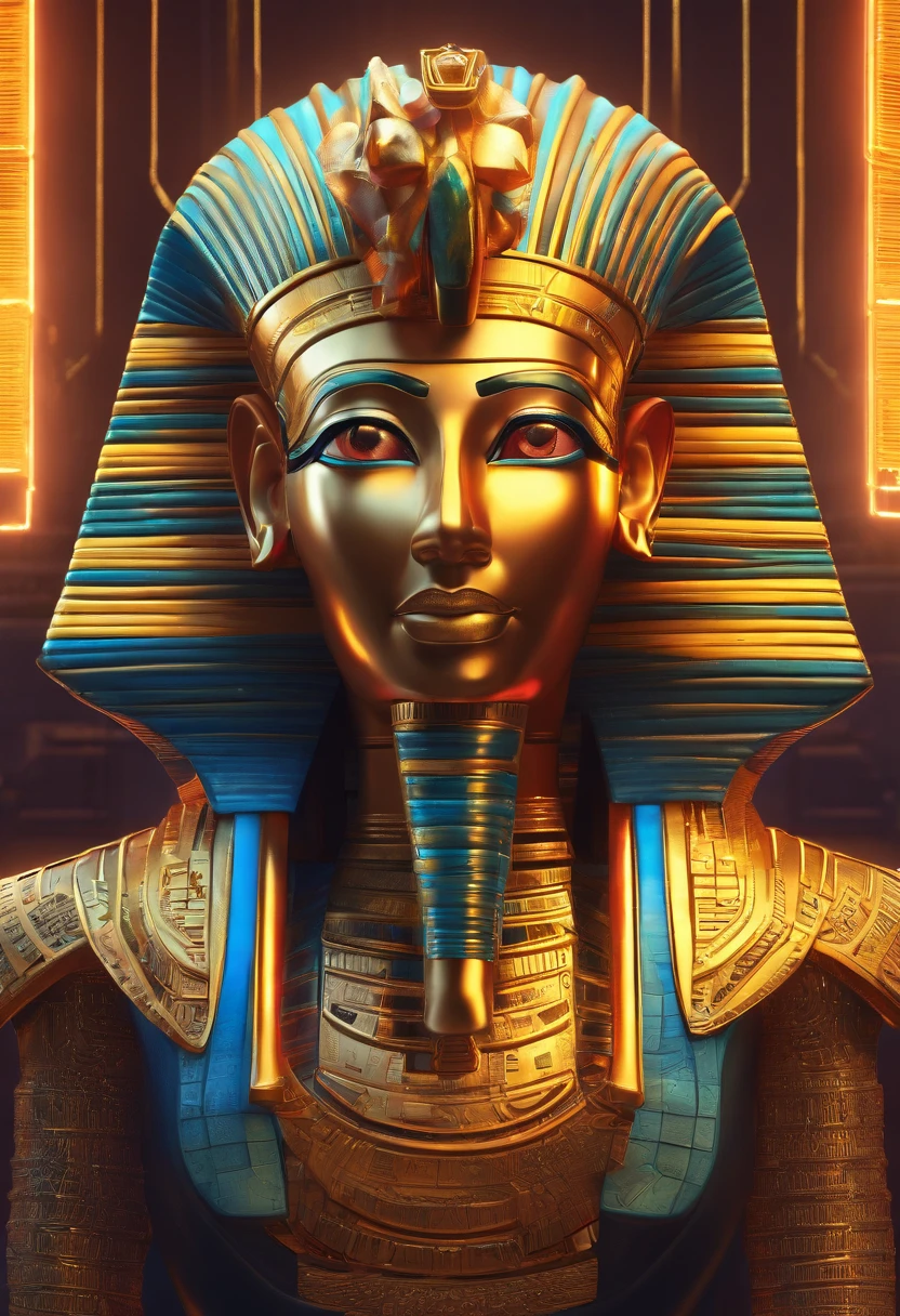 Egyptian pharaoh，The body of the robot and the face of the person., glowing light eyes, Biomechanical，Combination of meat and machinery，The parts are strange, Creepy, nightmarish, Very bright colors, Light particles, with light glowing, Mshiv, wallpaper art, UHD wallpaper