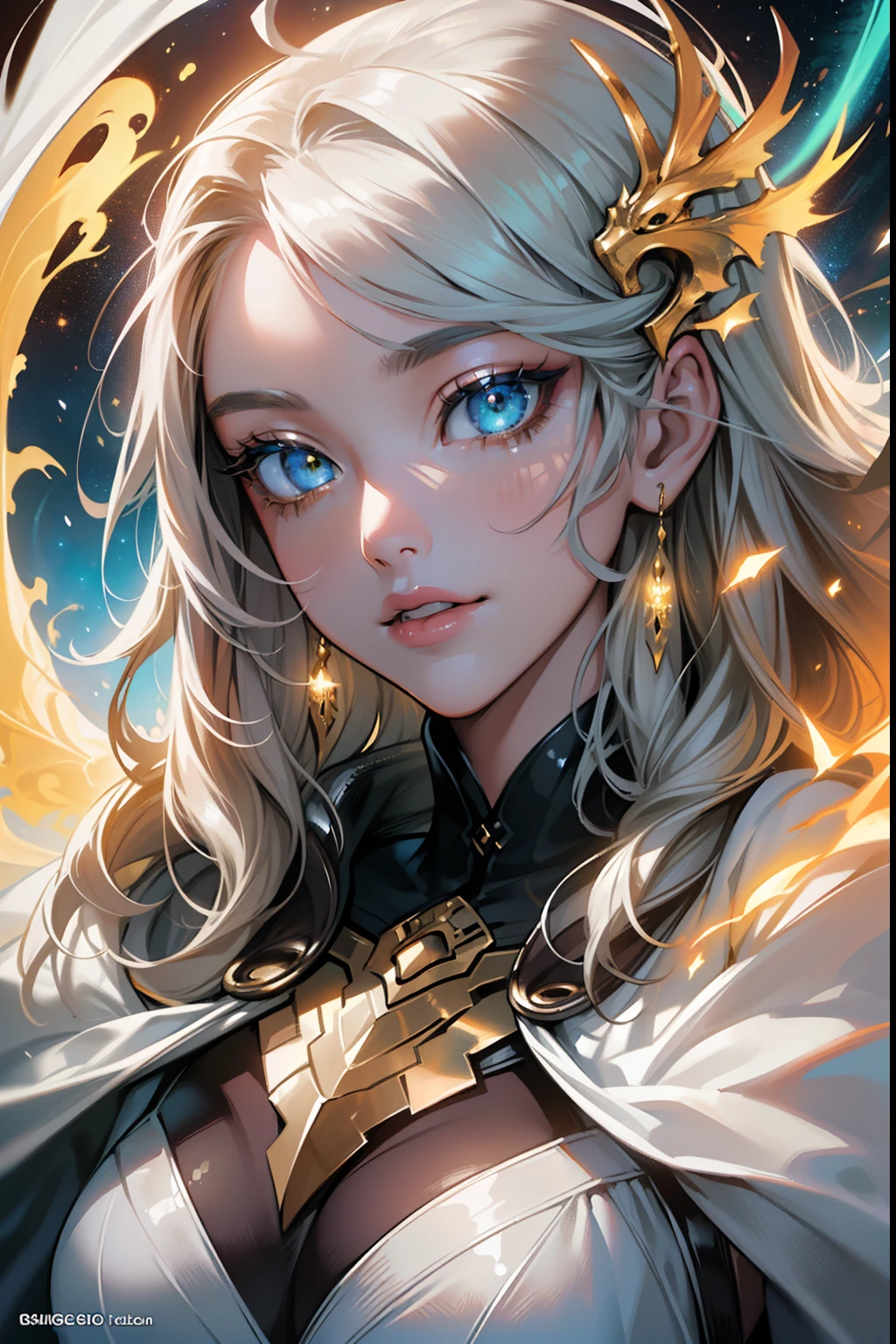 (masterpiece, top quality, best quality, official art, beautiful and aesthetic:1.2), (1girl), extreme detailed eyes, (fractal art:1.3), colorful, highest detailed, (perfect face), shiny skin, HDR, (white cloak golden lines:1.2), galaxy, (light streaks), striking visuals, (dynamic streaks, luminous trails:1.2), vibrant colors, (phoenix), (dragon)