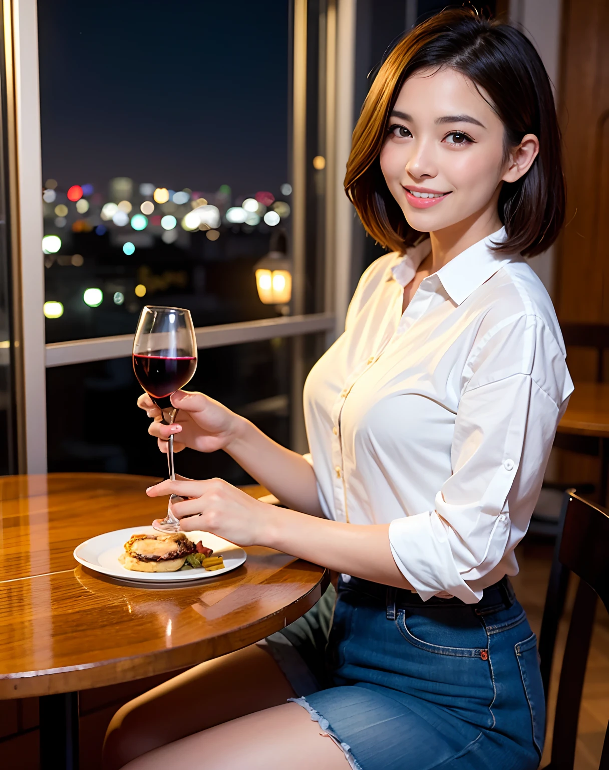 (64K, UHD, top quality, masterpiece: 1.2), (realistic, photorealistic: 1.37), super detailed, pretty woman 1 person, (slim face), (slim body), (brown hair), (short cut), cheeks slightly blushing, (44 years old), 38 years old, solo, beautiful detailed urban night view outside the window, restaurant, wine glasses sit, at night, in a prominent placeNovaFrogStyle, Actress, Model, Waist Up, White Wine, Slim, Wine Glass, Super Clean Night View, Wine Glass Put in the Middle, Happy Smile, (Smile: 1.15), Beautiful Fine Eyes, Upper Body, Bust Japan Up, Night, Short, Short, Actress, Model, Waist Up, White Wine, Slim, Wine Glass, Super Clean Night View, Wine Glass Put in the Middle, Happy Smile,