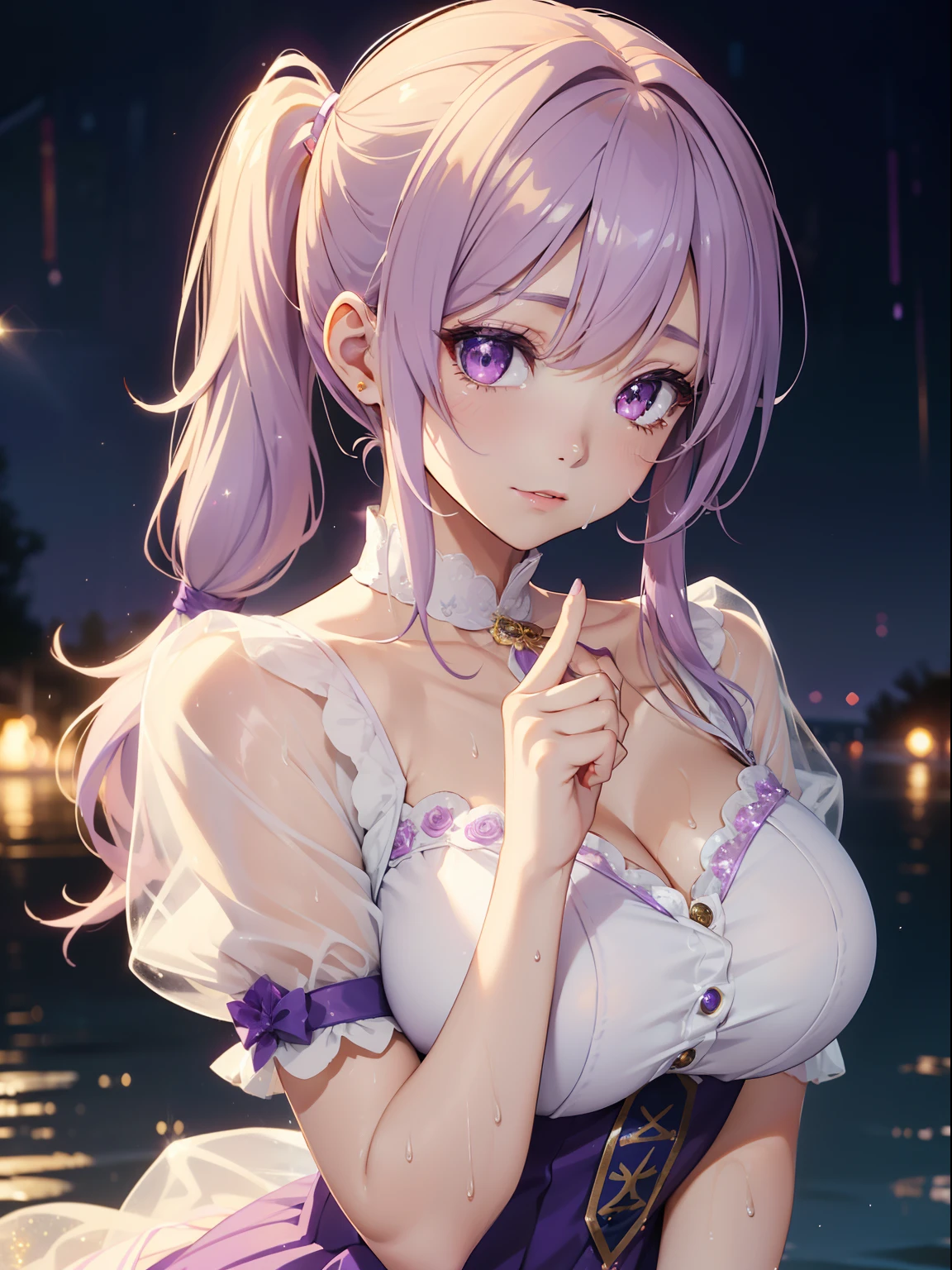 masutepiece, High resolution, 8K, anime woman, Delicate and detailed writing 、Detailed digital illustration、(((Straight pigtail)))、Shiny hair、Bangs、a very beautiful woman、Eyes are double, Large, ((Bust is an A cup))、High image quality, High quality、Detailed background、(((Wearing cute idol clothes in white and lilac)))、((Very heavy rain、early evening))、Drops are falling on the hair、Wet hair、Clothes are also wet、The inside of the eye shines like a diamond、Light purple hair、Gradient pupil、(((2 arms、4 fingers, 1 thumb)))、Detailed female face、Very beautiful and cute woman、、细致背景、masterpiece、Soft Focus , Bright gradient watercolor , Lens Flare , (((Glitter))) , Glow , Dreamy , Light Purple Ribbon、Very Beautiful Light Purple Rose Hair Accessories、Light purple and gold costume with white as the main color、((Straight at the angle of the front))、clothes wet、Clothes are wet and you can move