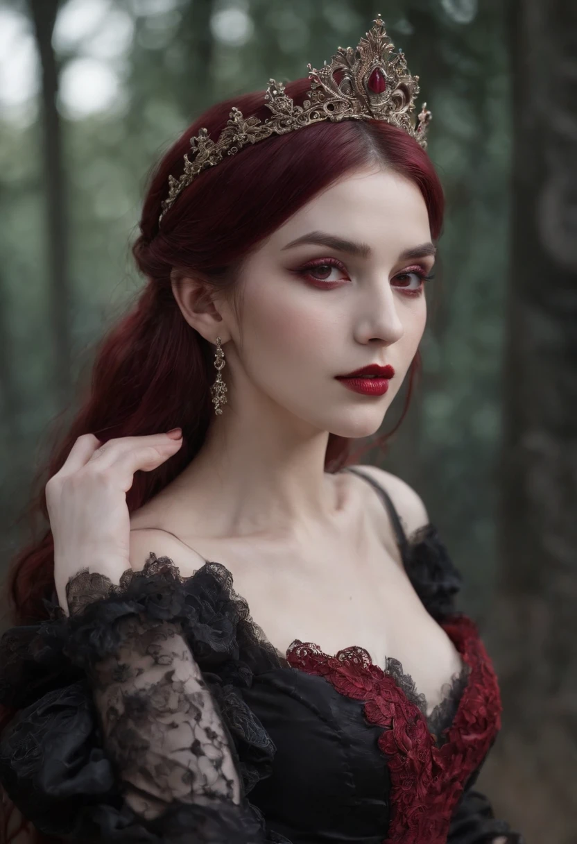 ((masterpiece)), Vampire princess, (absurdres, highres, ultra detailed),1girl, backlighting, bare shoulders, black background, black gothic dress, black and pink hair, blood, cowboy shot, dress, ornate ancient earrings, expressionless, roses, light particles, long hair, looking at viewer, off-shoulder gothic ancient boned design dress, rose petals, red eyes,