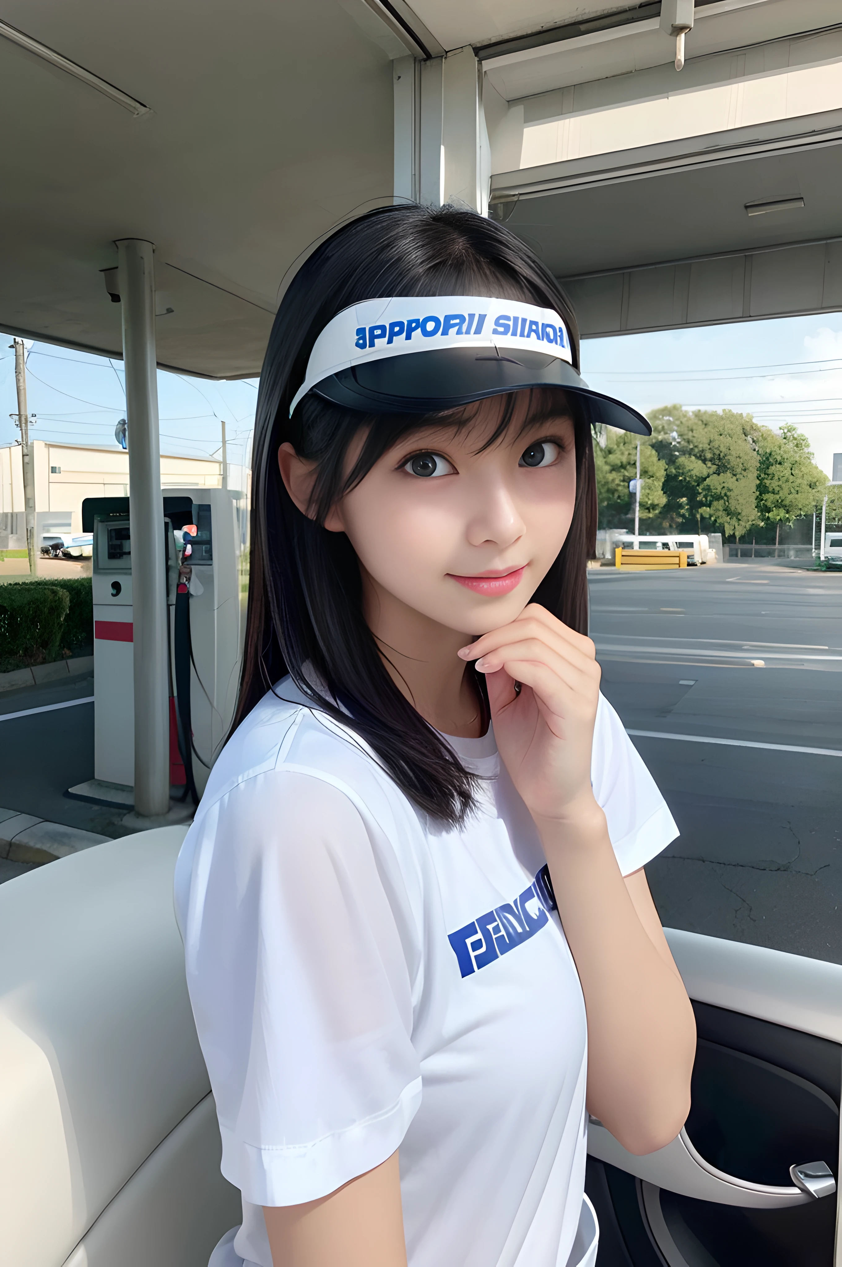 Best picture quality (8K, high resolution, Masterpiece: 1.2), super detailed, 215 Short Hair,Three braids long hair, -yeld wo,
A fast food worker taking orders at a drive-through: A girl is taking customers' orders at the drive-thru window。
detailed:
angle: A shot of a girl and a customer in a car seen through the drive-through window。
clothing: Uniform polo shirt、apron、cap。Wear a headset。
atmosphere: Busy drive-through with cars lined up。
action: A girl smiles and takes an order through a headset、Entering the data into the register。
Active Pause ,
Beside her、The thunder danced。
Close up shot of face
, random cute pose ,big eyes ,Puffy eyes , Heart Pupil, blush , huge shy smile , salute