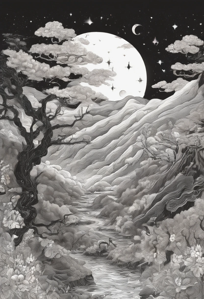 (Tang Feng),(A cliff illuminated by a huge moon),A poet standing on the edge of a cliff,Toast to monthly drinking,Silvery-white moonlight shines on the pitch-black valley,(Ultra-long-range viewing angle)