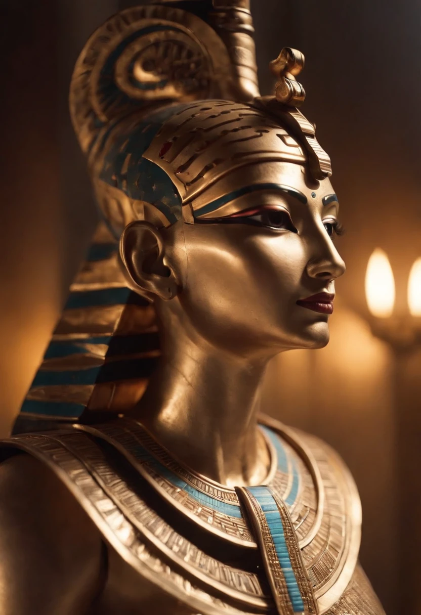 Egyptian pharaoh,The body of the robot and the face of the person., glowing light eyes, Biomechanical,Combination of meat and machinery,The parts are strange, Creepy, nightmarish, Very bright colors, Light particles, with light glowing, Mshiv, wallpaper art, UHD wallpaper