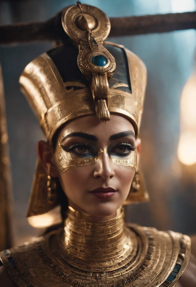 Egyptian pharaoh，The body of the robot and the face of the person., glowing light eyes, Biomechanical，Combination of meat and machinery，The parts are strange, Creepy, nightmarish, Very bright colors, Light particles, with light glowing, Mshiv, wallpaper art, UHD wallpaper