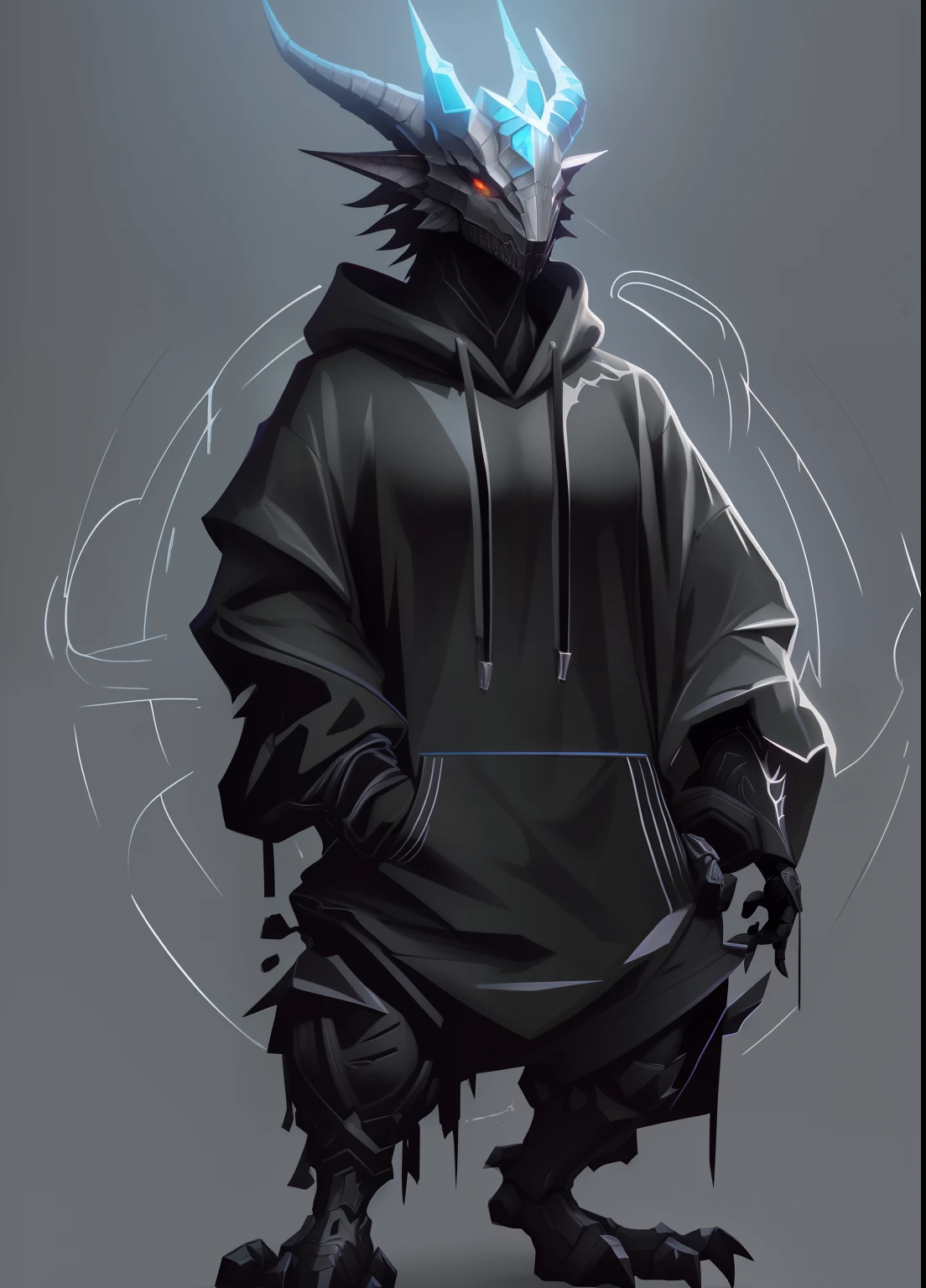 Agtropomorphic dragon posing in hoodie , wearing a hoodie, with a horned head, Illustration of an official character, dark high-contrast concept art, official character art, detailed full body concept, Cyberpunk street thug, full body illustration, highly detailed character design, In a dark hood, Striking detailed art style, detailed fanart, full body concept, unrealistic character concept, detailed character art