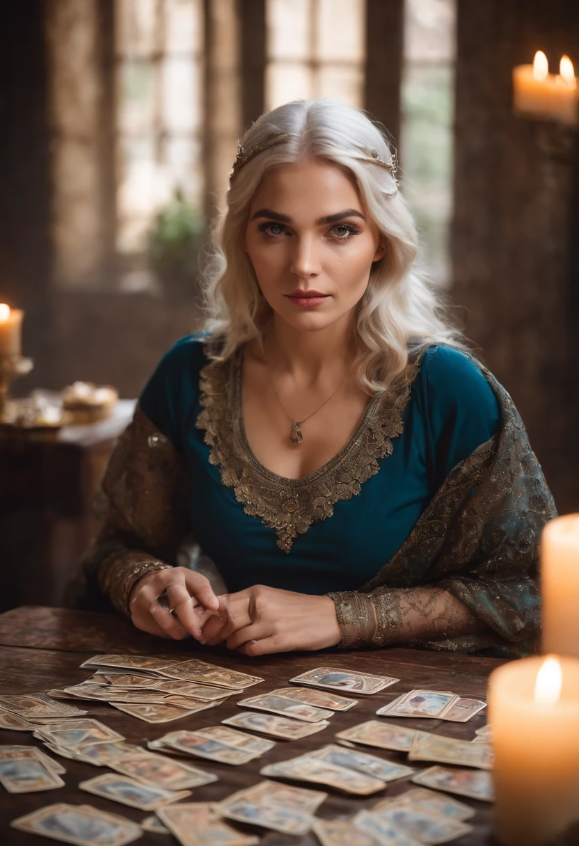 Create a captivating portrait of a gypsy fortune teller sitting at a mystical table adorned with tarot cards spread out in a captivating formation. The fortune teller, a 18-year-old female, should be the central focus of the image. She is seated close to the table, gazing intently at the tarot cards. Her white hair and striking blue eyes should be highlighted. Please use a Sony α7 III camera equipped with a 100mm lens for this shot to ensure a shallow depth of field (low aperture like f/2.8 or f/4) for a beautifully blurred background. The shutter speed should be set to a suitable value to capture the moment without any motion blur. The image should convey the mystery and intrigue of tarot readings.