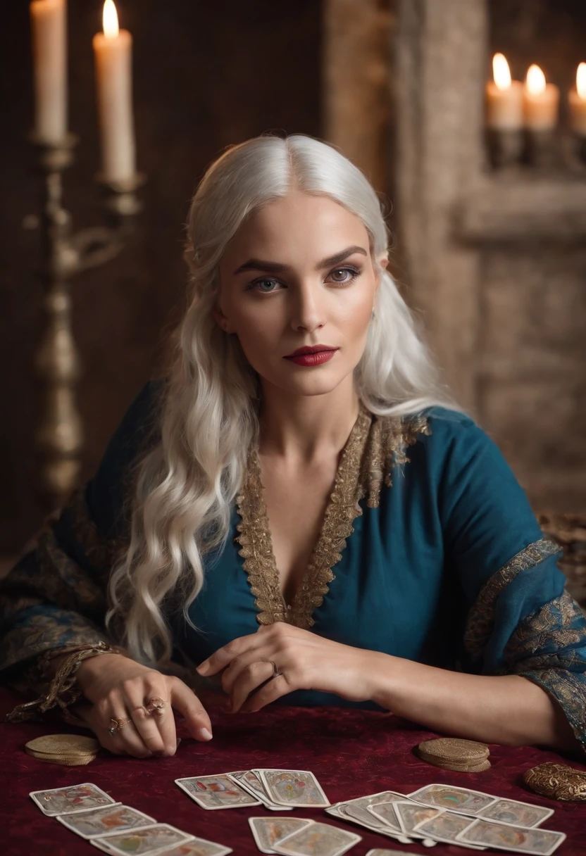 Create a captivating portrait of a gypsy fortune teller sitting at a mystical table adorned with tarot cards spread out in a captivating formation. The fortune teller, a 22-year-old female, should be the central focus of the image. She is seated close to the table, gazing intently at the tarot cards. Her white hair and striking blue eyes should be highlighted. Please use a Sony α7 III camera equipped with a 100mm lens for this shot to ensure a shallow depth of field (low aperture like f/2.8 or f/4) for a beautifully blurred background. The shutter speed should be set to a suitable value to capture the moment without any motion blur. The image should convey the mystery and intrigue of tarot readings.