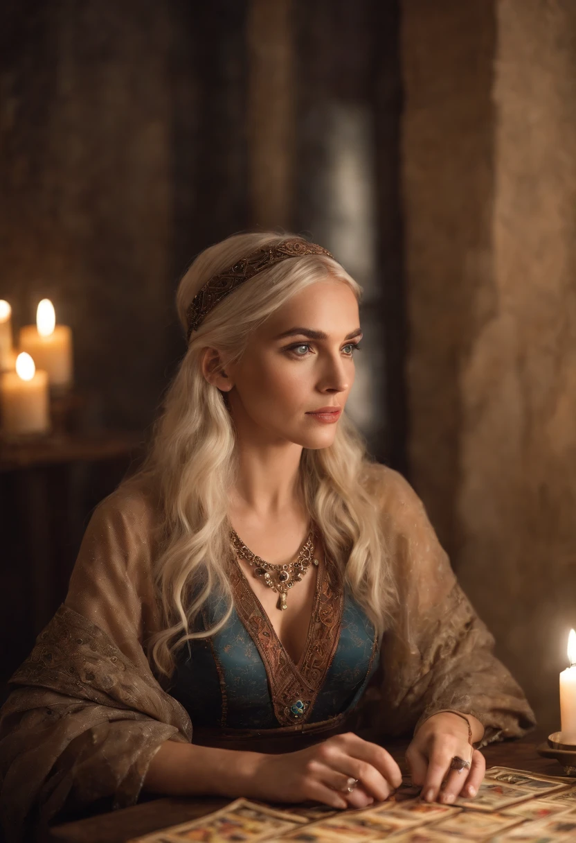 Create a captivating portrait of a gypsy fortune teller sitting at a mystical table adorned with tarot cards spread out in a captivating formation. The fortune teller, a 22-year-old female, should be the central focus of the image. She is seated close to the table, gazing intently at the tarot cards. Her white hair and striking blue eyes should be highlighted. Please use a Sony α7 III camera equipped with a 100mm lens for this shot to ensure a shallow depth of field (low aperture like f/2.8 or f/4) for a beautifully blurred background. The shutter speed should be set to a suitable value to capture the moment without any motion blur. The image should convey the mystery and intrigue of tarot readings.