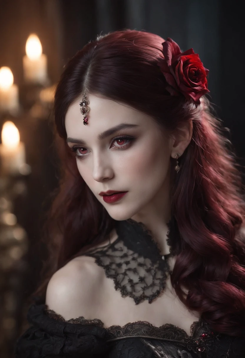 ((masterpiece)), Vampire princess, (absurdres, highres, ultra detailed),1girl, backlighting, bare shoulders, black background, black gothic dress, black and pink hair, blood, cowboy shot, dress, ornate ancient earrings, expressionless, roses, light particles, long hair, looking at viewer, off-shoulder gothic ancient boned design dress, rose petals, red eyes,