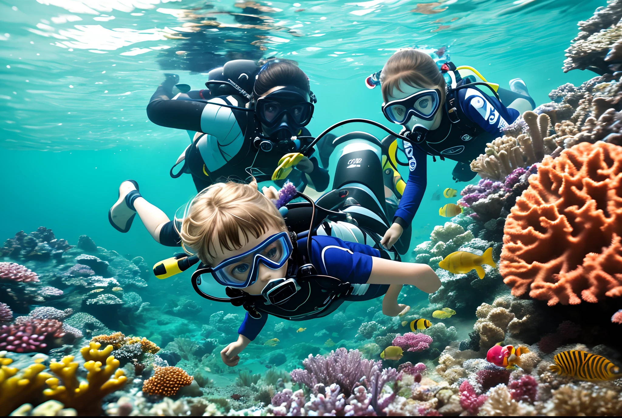 Two little kids in scuba suits with manuals exploring under the sea,  Detailed details, masterpiece, defocus ::-0.5 High contrast, UHD --auto --s2