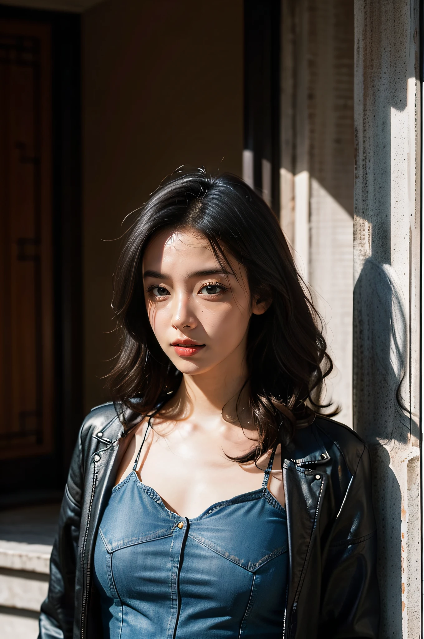 An elegantly beautiful Oriental woman (high-definition real face), with flowing black wavy hair adorned with a traditional Chinese hairpin. She wears a black leather jacket over a golden sequined deep V-neck camisole top. Her lower attire consists of distressed long jeans paired with high-end sporty sneakers. She accessorizes with a red smartwatch. The composition features a Chinese-style round architectural backdrop, and the image is enhanced with HDR coloring, highlighting the dark and bright areas, creating a high-contrast effect.