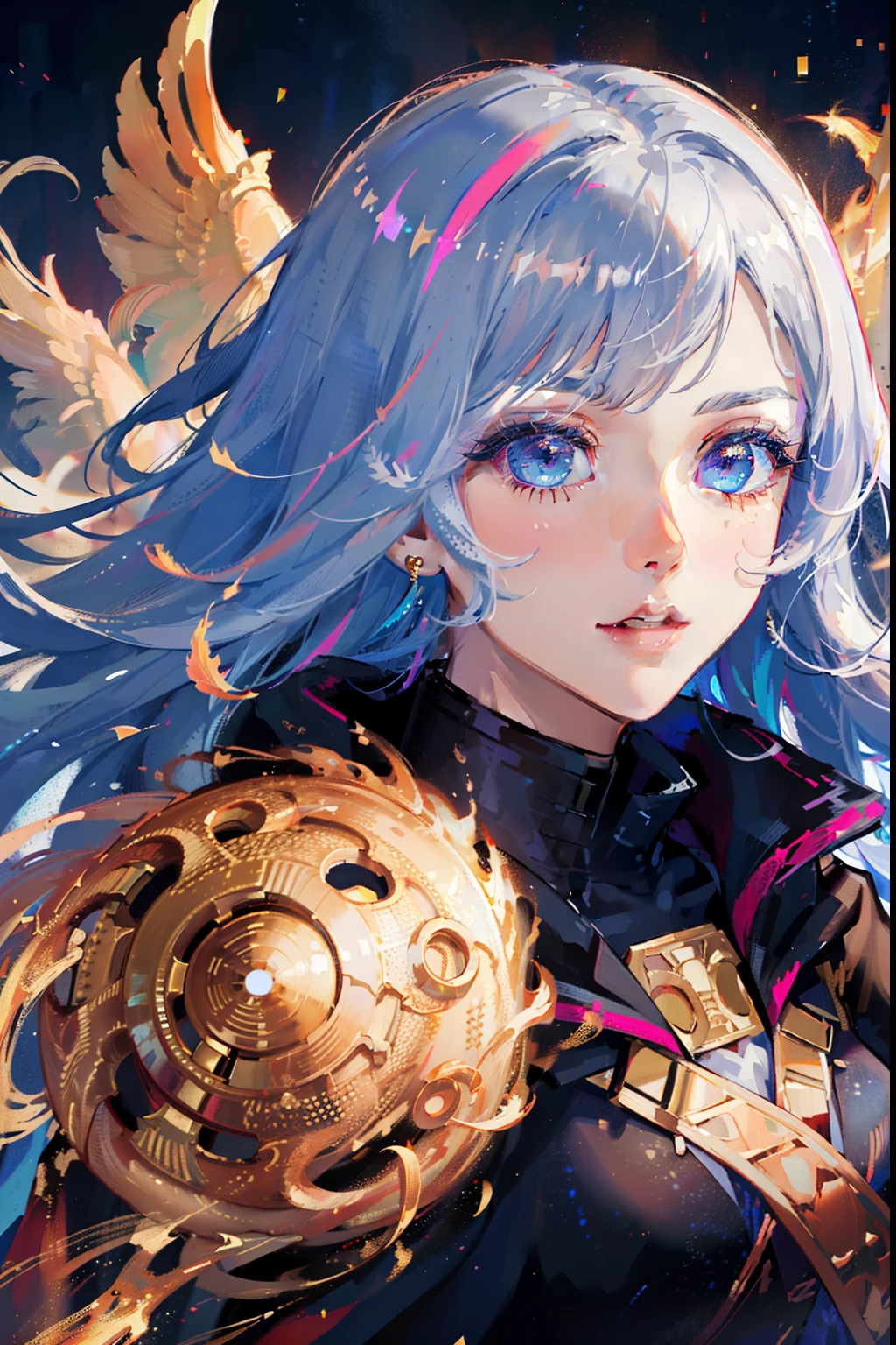 (masterpiece, top quality, best quality, official art, beautiful and aesthetic:1.2), (1girl), extreme detailed eyes, (fractal art:1.3), colorful, highest detailed, (perfect face), shiny skin, HDR, (white cloak golden lines:1.2), galaxy, (light streaks), striking visuals, (dynamic streaks, luminous trails:1.2), vibrant colors, (phoenix), (dragon)