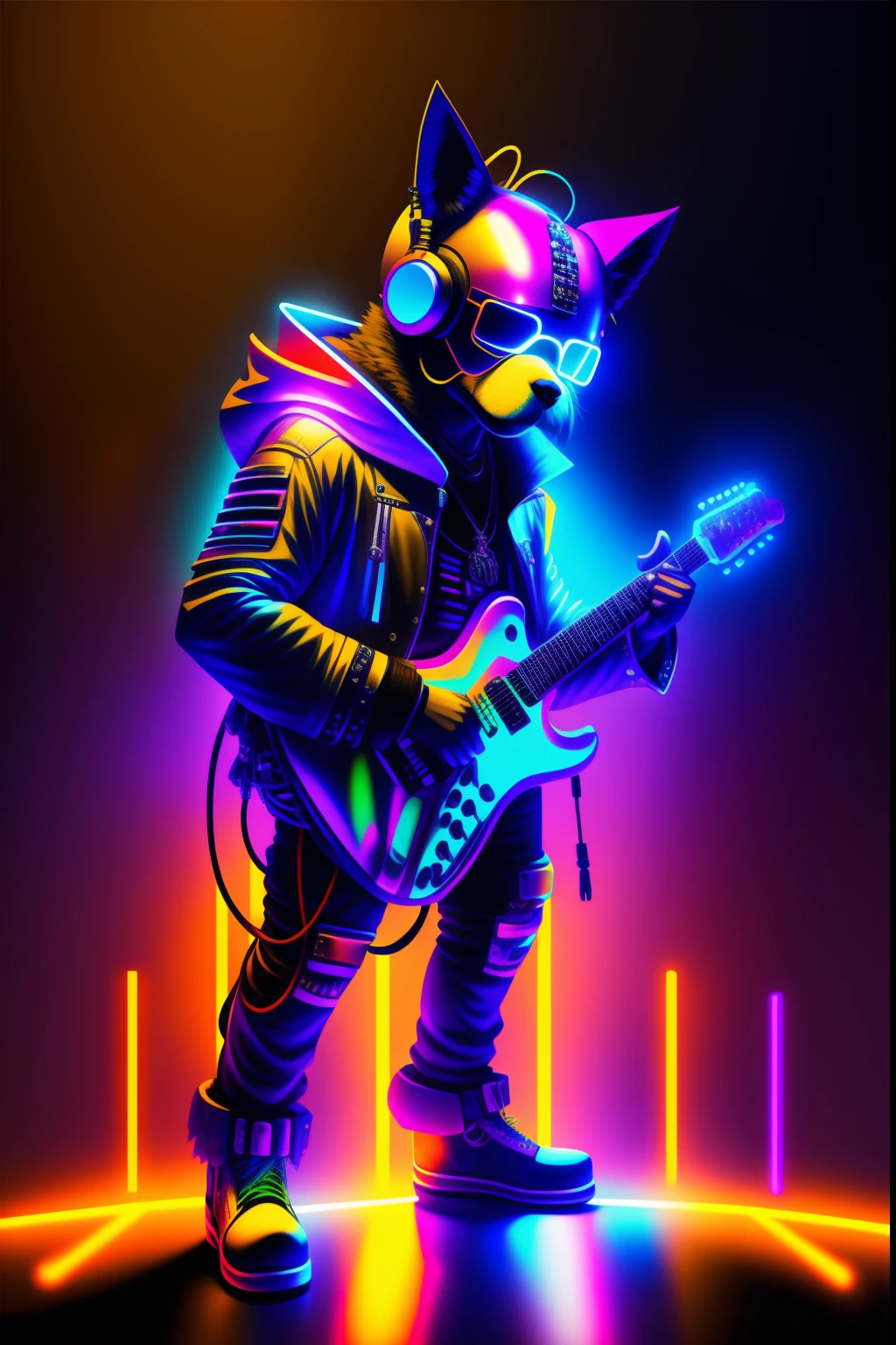 tmasterpiece，best qualityer，cyber punk style，Dog-headed man，rock music，DJ，are standing，guitar，Colorful lights，The background is a dancing crowd