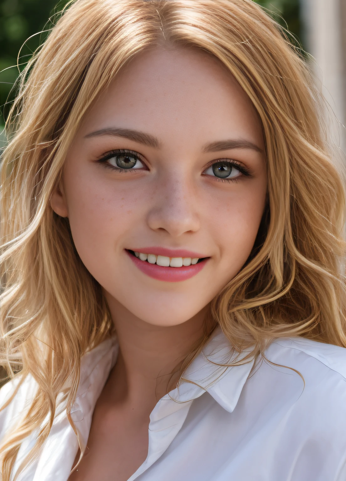 masterpiece, realistic, detailed eyes, beautiful, looking at the viewer, natural lighting, depth of field, film grain, wrinkled skin, 24yo, female, solo, wavy long blonde hair, brown eyes, white, formal shirt, freckles, smile, lips, upper body, Portrait, Close-up, Front view, Exterior