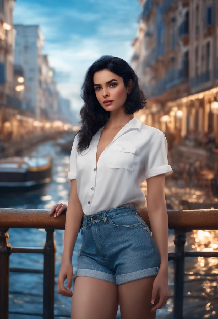 1girl, short black hair, blue eyes, wearing plain white shirt, denim shorts, city, absurdres, high res, ultrasharp, 8K, masterpiece, looking at viewer