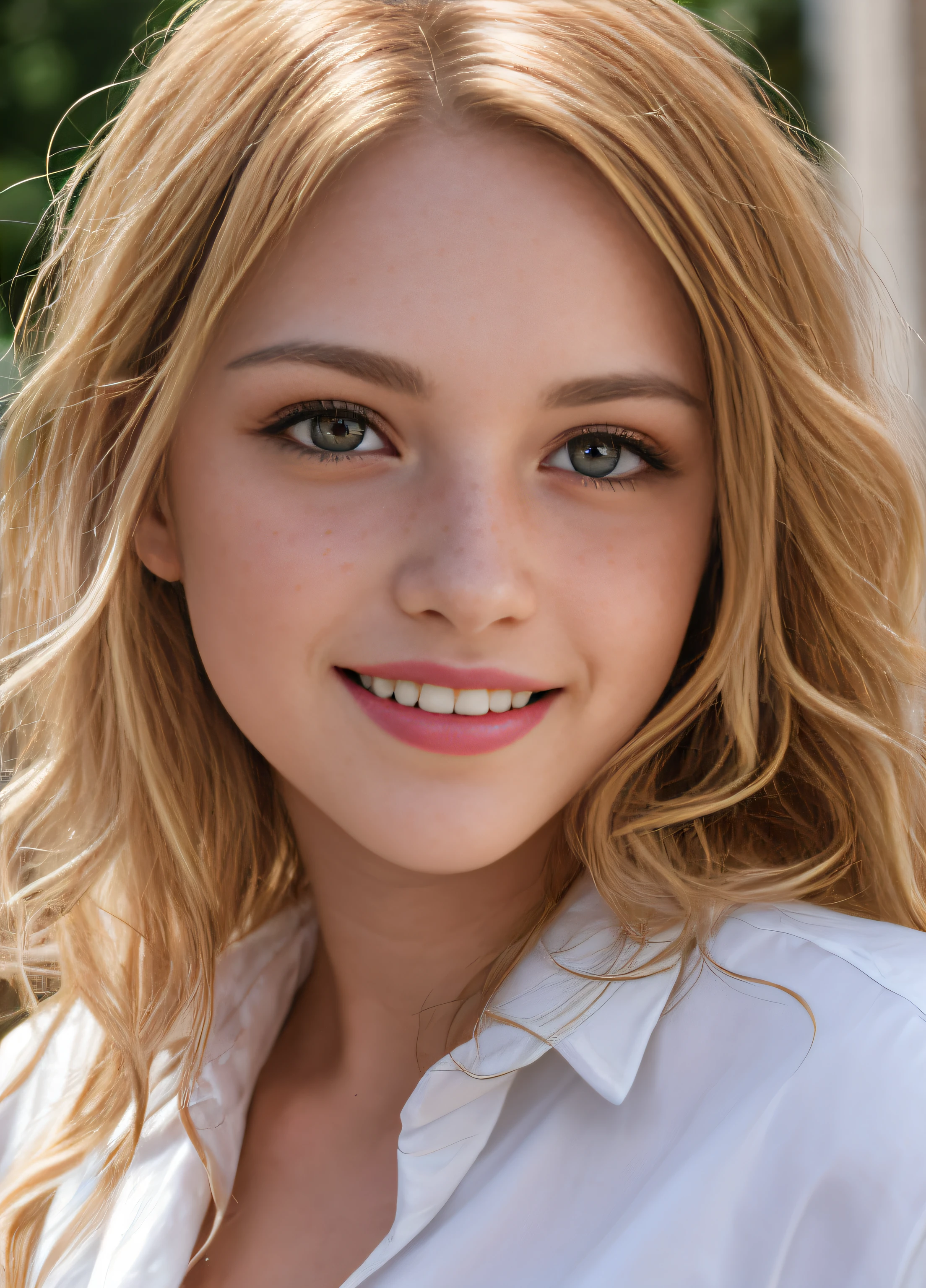masterpiece, realistic, detailed eyes, beautiful, looking at the viewer, natural lighting, depth of field, film grain, wrinkled skin, 24yo, female, solo, wavy long blonde hair, brown eyes, white, formal shirt, freckles, smile, lips, upper body, Portrait, Close-up, Front view, Exterior