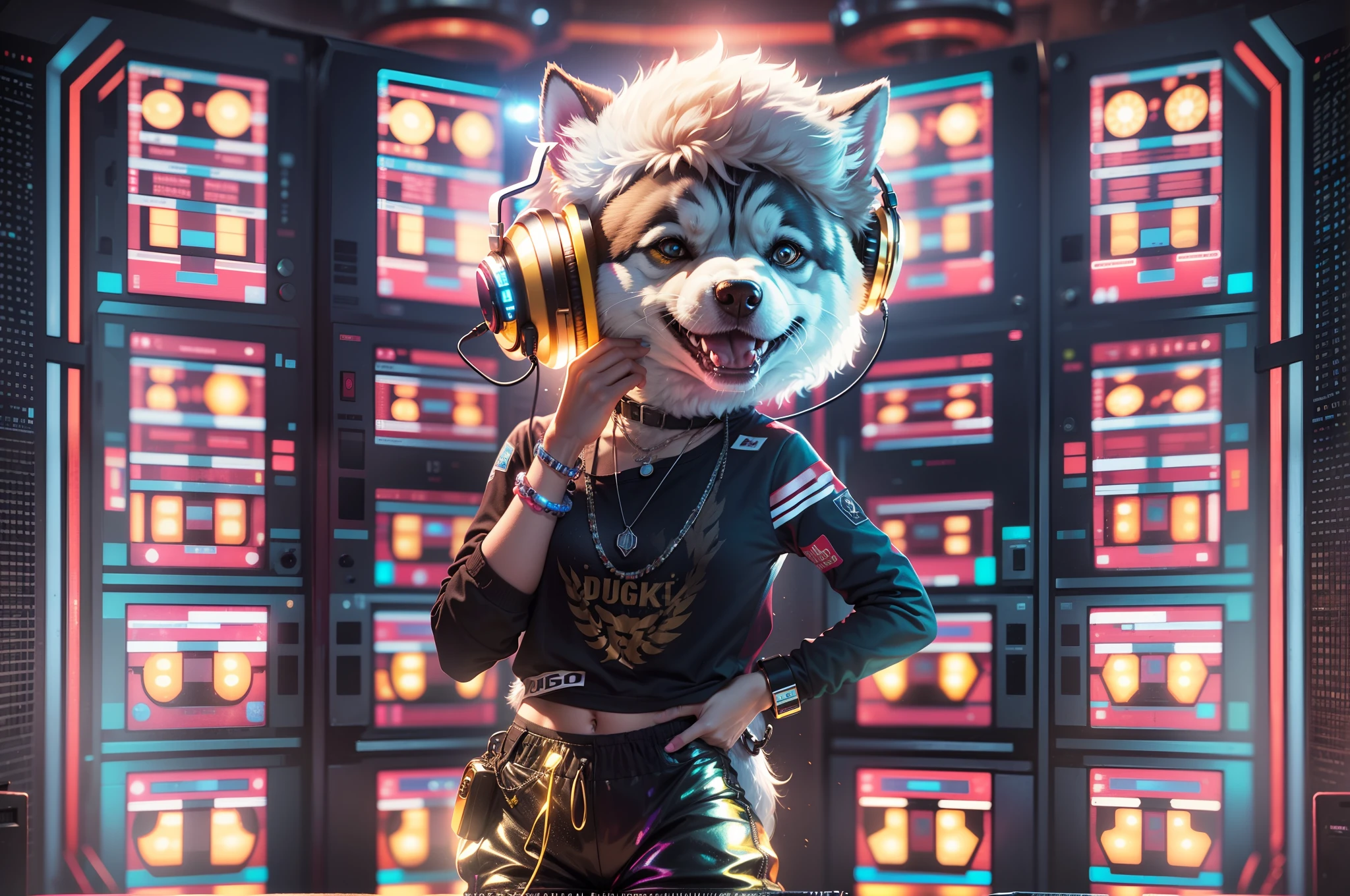 (Ultra-high detail, 16K resolution, movie footage, octane rendering), An anthropomorphic white husky, Wear a T-shirt,necklace gold,hands up to set the mood, hands out of the frame, wearing silver DJ headphones, shiny silver sequined T-shirt, (iconic hip-hop pop outfit :1.3), smiling as he dons the stage. Standing in front of the DJ equipment for a full body shot, the spotlight shines on the female DJ. Disco lighting realistic style photography