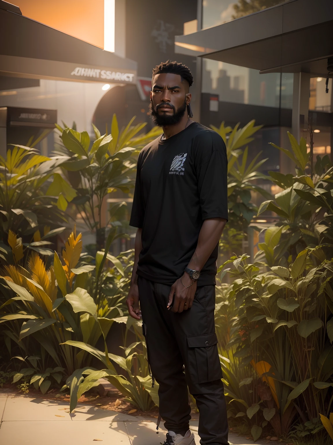 A man standing in front of mall.wearing black half t shirt.wearing a cargo pant,air Jordan shoes,sunset, moody colour grade,realistic face.8k realistic.
