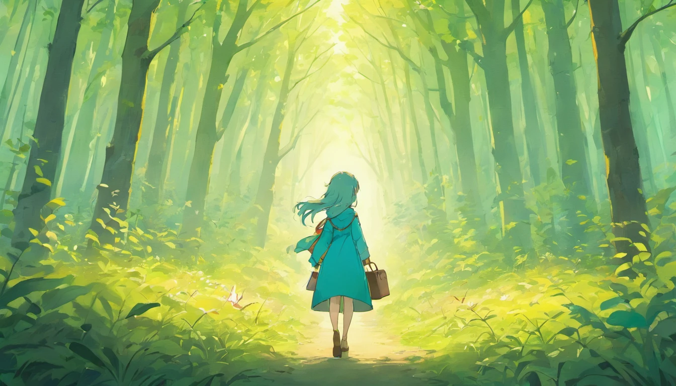 Illustration of a picture book in the style of Beatrix Potter,Deep in a forest lined with birches、Bright sunlight is shining in、overgrown with grass on the soil,. The illustrations are attractive and exquisite, Soft colors and details.