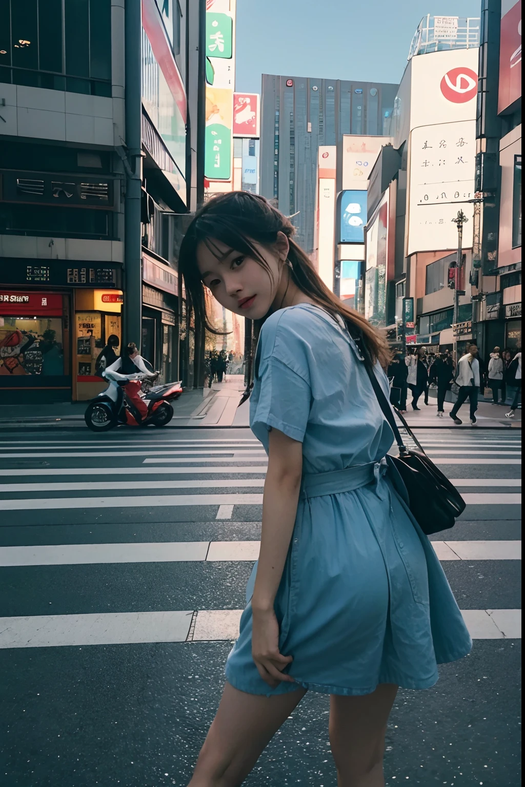 Late summer photos、Images depicting different scenes of a teenage girl traveling around Tokyo in the summer of the 1990s and 2020s. She is seen standing, Dancing, Posing、Tempting、Have fun、Eta、Gaze beyond these situations to the sky, Each represents a blend of past and future moments. The transition between eras is mesmerizing, With a perspective intertwined in a harmonious mix of nostalgia and futurism. The scene is、It is necessary to emit optimism and scathing sentimentality, Recognizing the girl's time experience as fluid, Interconnection phenomenon