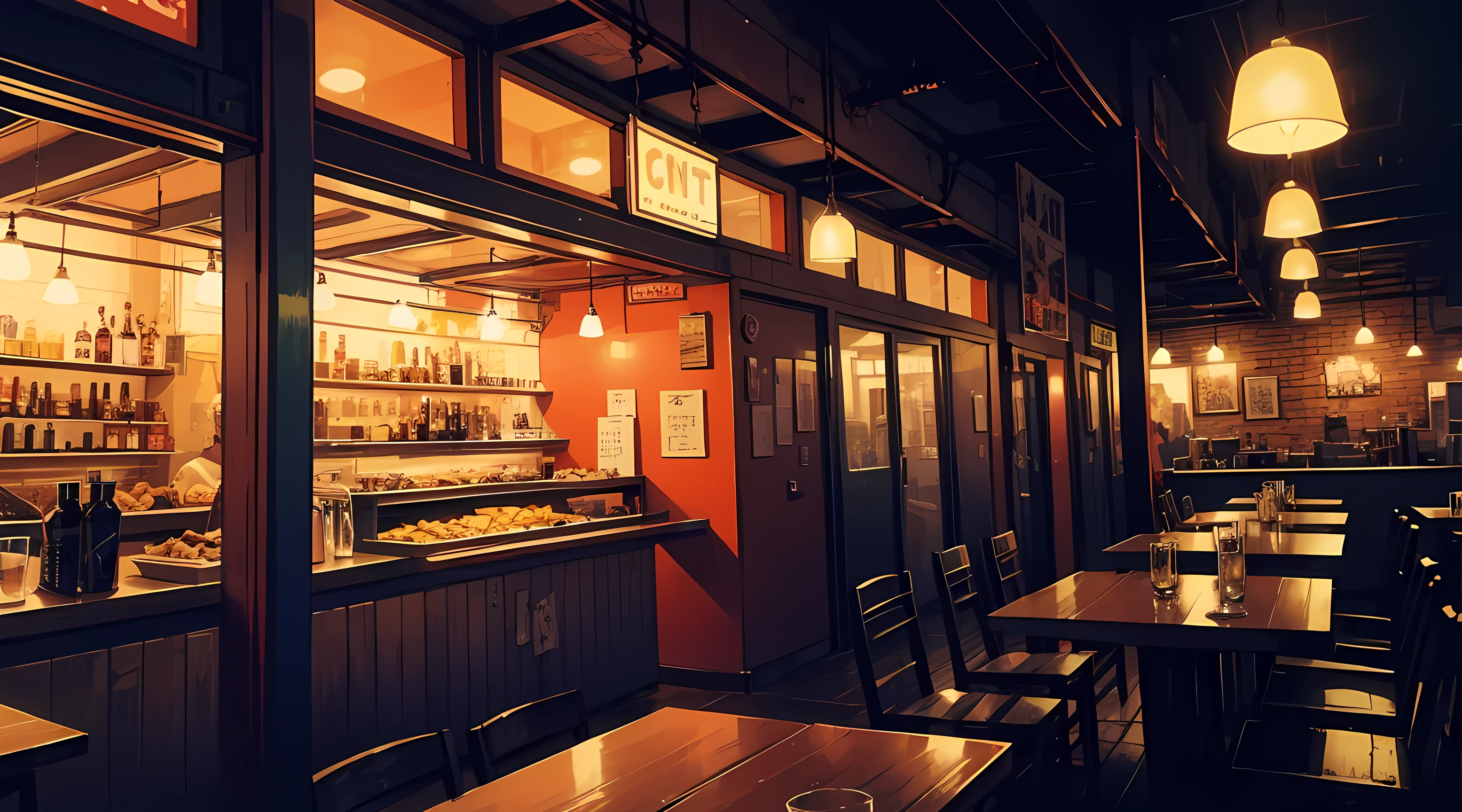 scenery, cyberpunk city, orange light, snack bar, empty glass tables, night