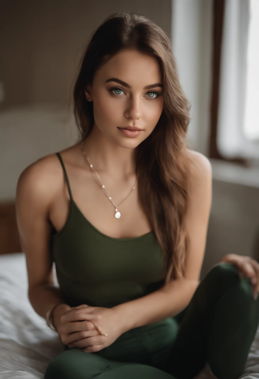arafed woman with a white tank top and a necklace, sexy girl with green eyes, portrait sophie mudd, brown hair and large eyes, selfie of a young woman, bedroom eyes, violet myers, without makeup, natural makeup, looking directly at the camera, face with artgram, subtle makeup, stunning full body shot, piercing green eyes