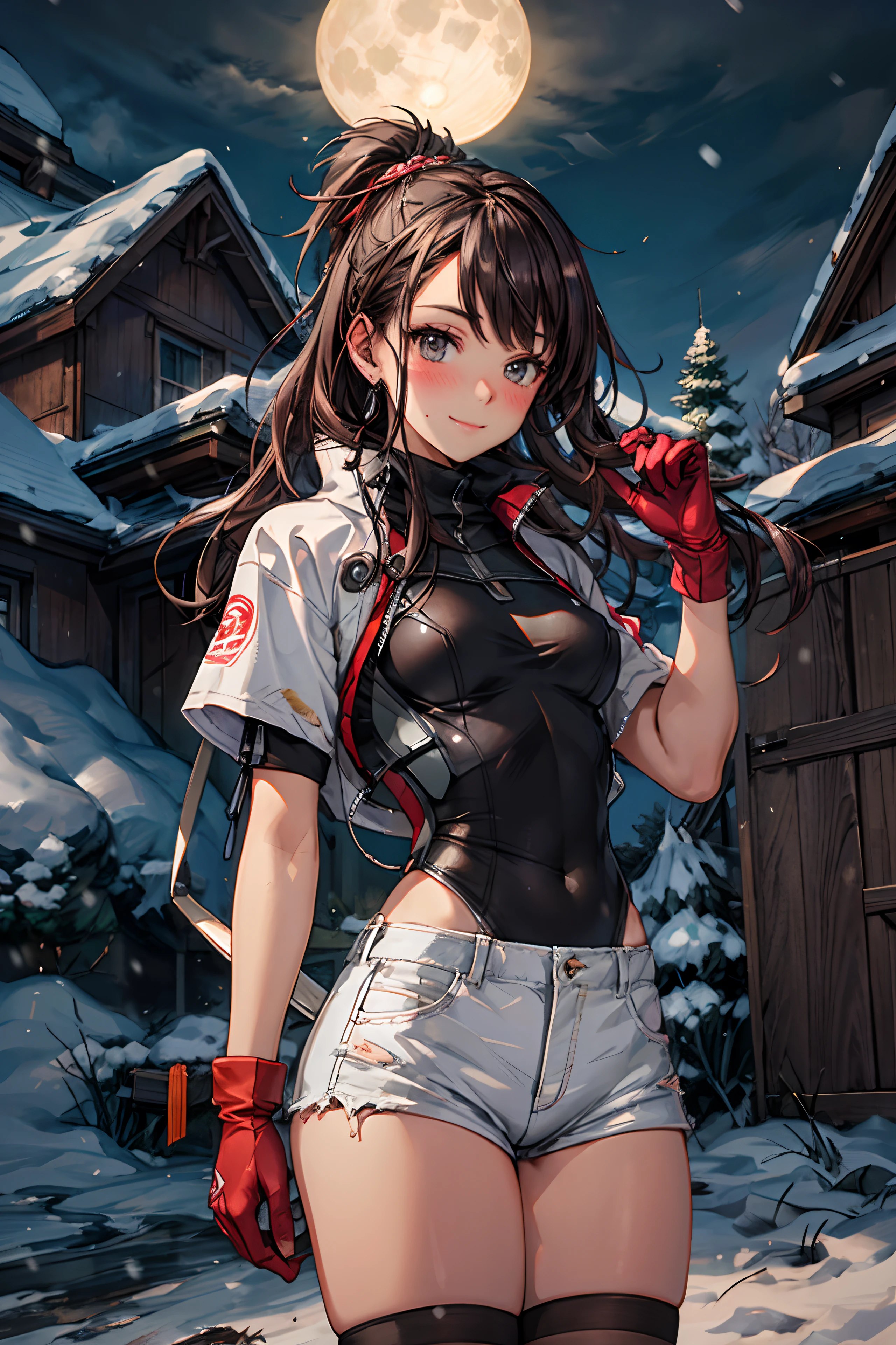 cinematic lighting, best quality, masterpiece, cowboy shot, absurdres BREAK sara, 1girl, solo, blush, shiny skin, light smile, medium breasts, thigh-highs, earring BREAK shorts, sneakers, short sleeves, gloves, leotard, outdoors, snowy field, pine tress, snowstorm, snow, falling snow, aurora, mountainous horizon, full moon