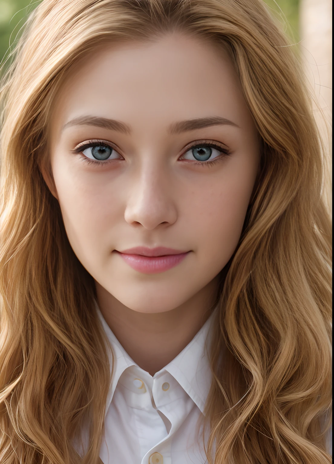 masterpiece, realistic, detailed eyes, beautiful, looking at the viewer, natural lighting, depth of field, film grain, wrinkled skin, 24yo, female, solo, wavy long blonde hair, brown eyes, white, formal shirt, freckles, smile, lips, upper body, Portrait, Close-up, Front view, Exterior