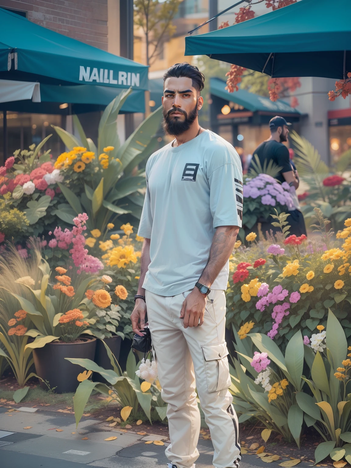 A man standing in front of mall.wearing black half t shirt.wearing a cargo pant,air Jordan shoes,realistic face.8k realistic.face real,fair skin tone.long beard,short hairstyles