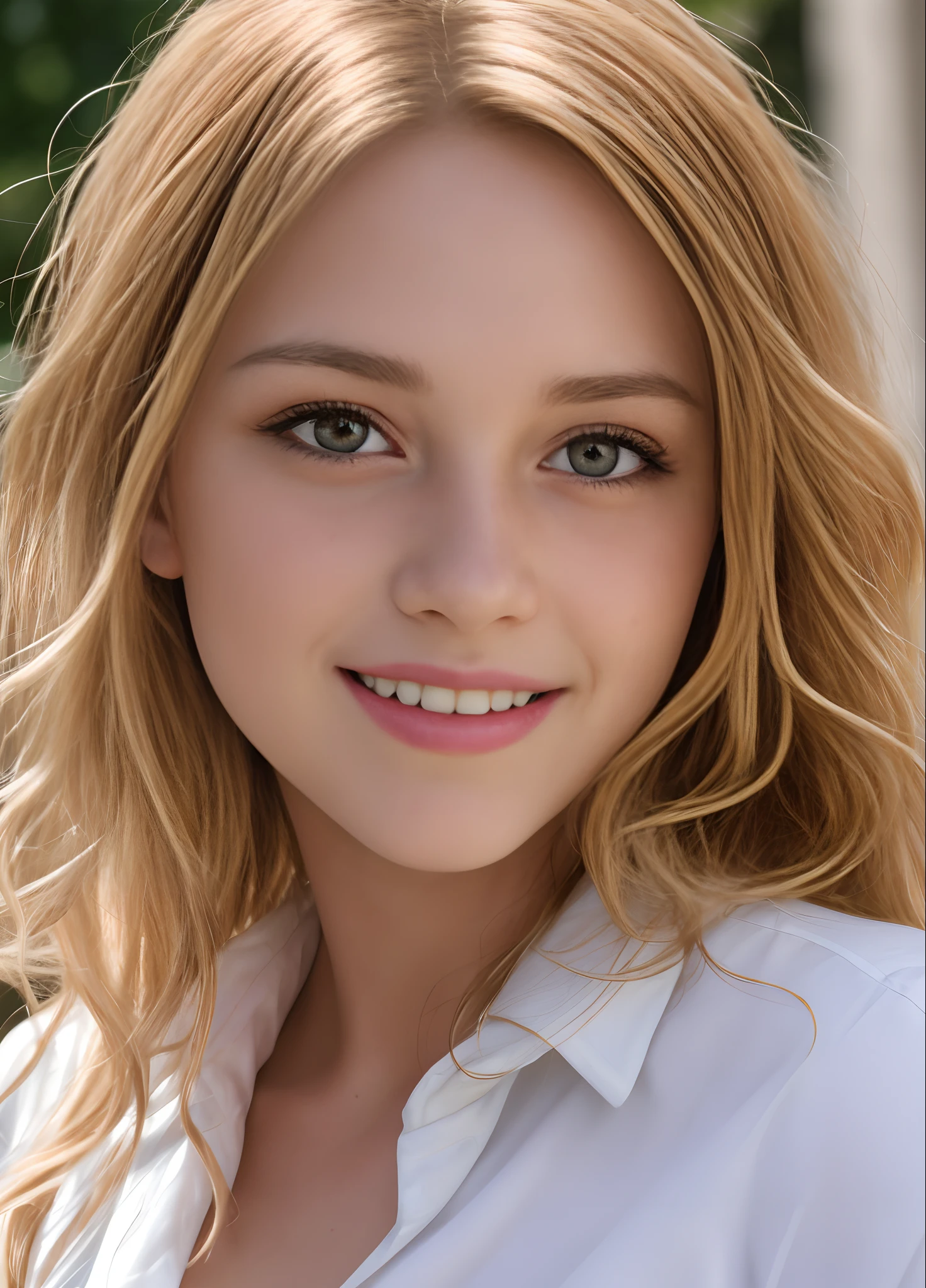 masterpiece, realistic, detailed eyes, beautiful, looking at the viewer, natural lighting, depth of field, film grain, wrinkled skin, 24yo, female, solo, wavy long blonde hair, brown eyes, white, formal shirt, freckles, smile, lips, upper body, Portrait, Close-up, Front view, Exterior