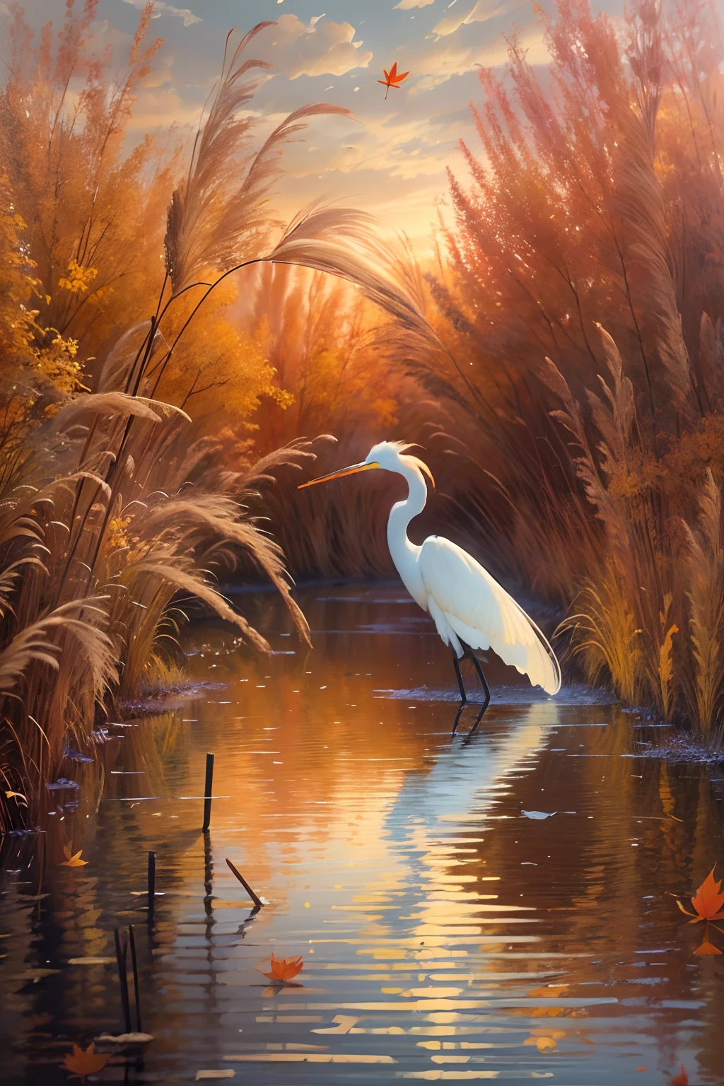 an oil painting,(((Autumn reeds))),(egret),Eau,Beautiful picture,Reflection on the surface of the water,(Perfect artwork,high qulity,high detal,Master masterpieces,8K:1.5)